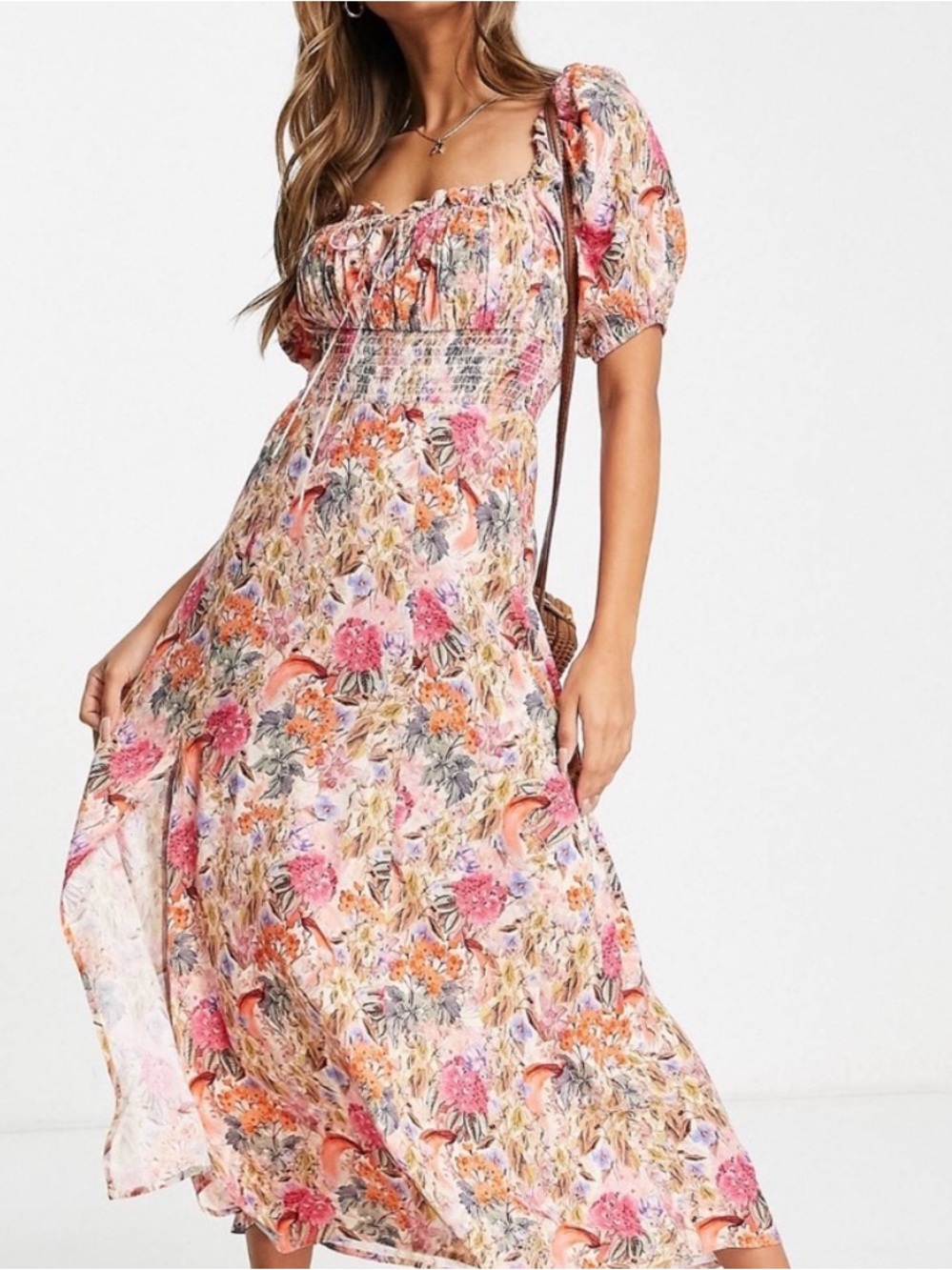 & Other Stories Floral Puff-Sleeve Maxi Dress in Pink, Orange, Cream